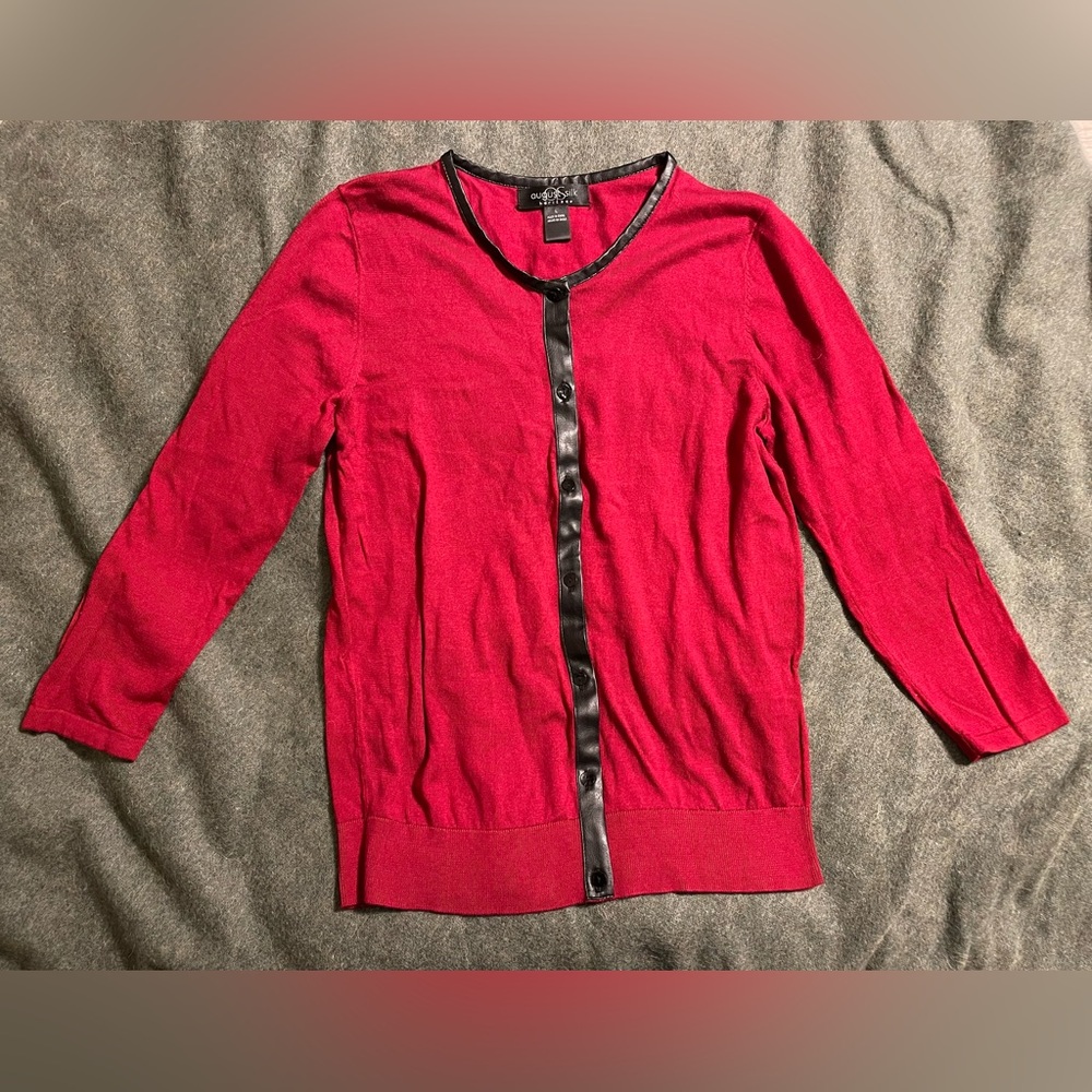 August Silk Red Cardigan Faux Leather Trim Sz L